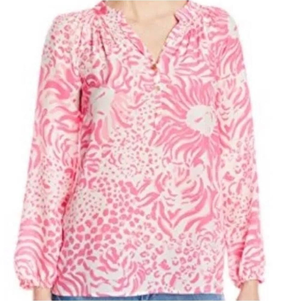 Lilly Pulitzer Elsa Silk Get Spotty Pink and White Women's Top Size Small